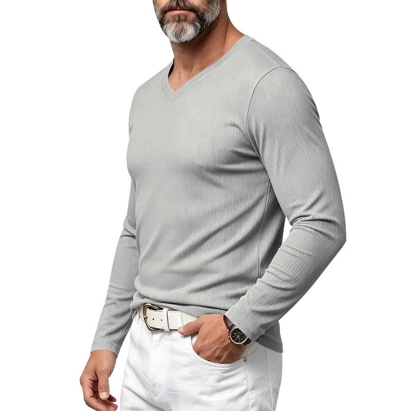 Men's V Neck Vertical Ribbed Long Sleeve T‑Shirt Elastic Slim Fit Basic Knit Tee Casual Daily Wear Male Pullover Tops