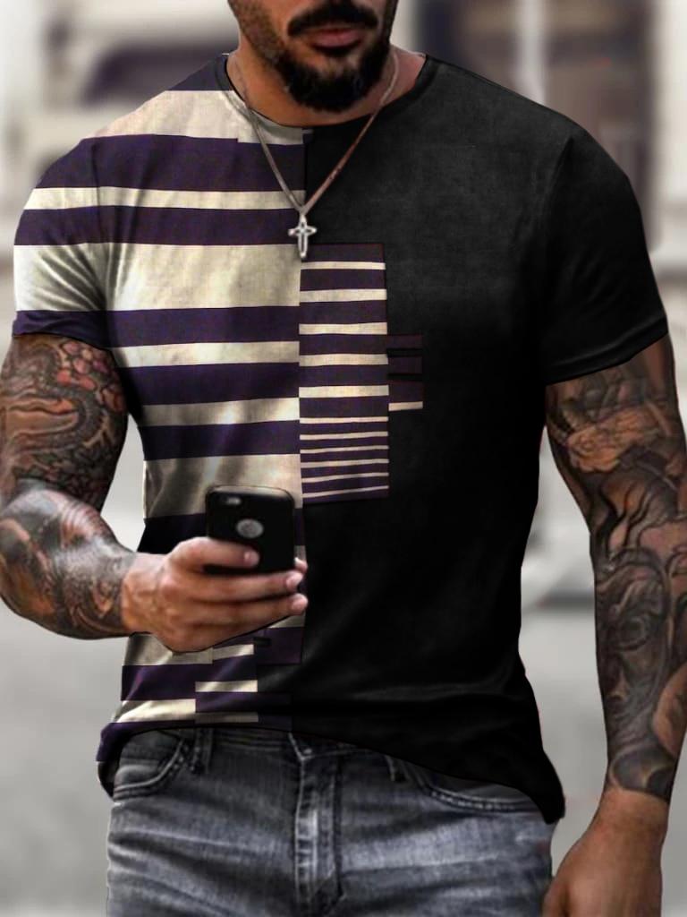 Retro Men's Personalized Color Striped Printed T-shirt Casual Fashion Trend Harajuku Round Neck Top Creative Hip-hop Cool Short Sleeved Streetwear