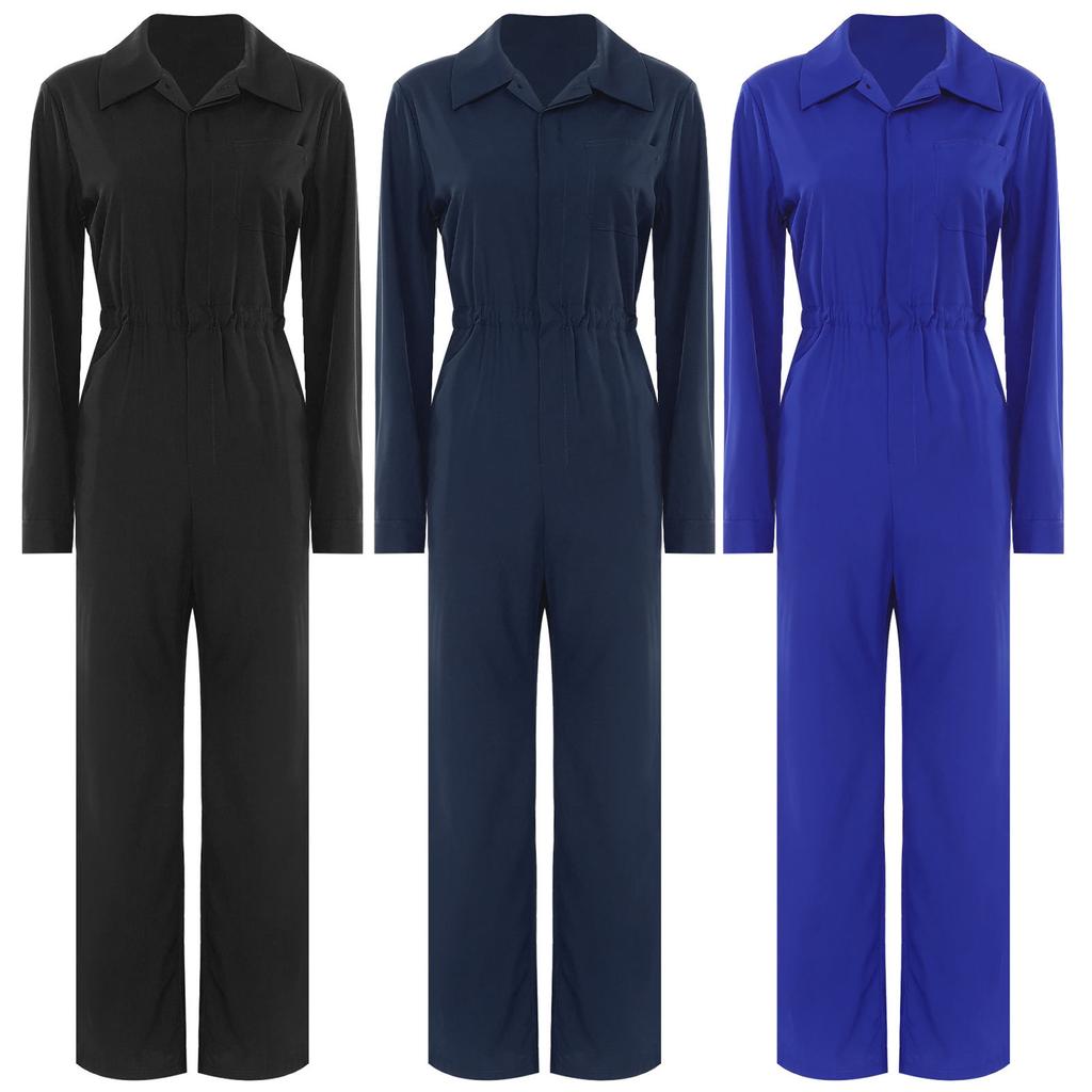 Womens Fashion Jumpsuit Button Front Design Casual Solid Color Turn Down Collar Long Sleeve Coverall