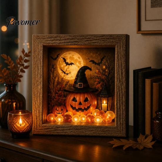 Ручная работа, Декор комнаты на Хэллоуин, Набор для создания DIY Shadow Box (Световой ящик), Ночник, Деревянная рама 8,5 дюймов, Набор для творчества со светодиодами, Проекты для осеннего декора дома, Светящиеся камни