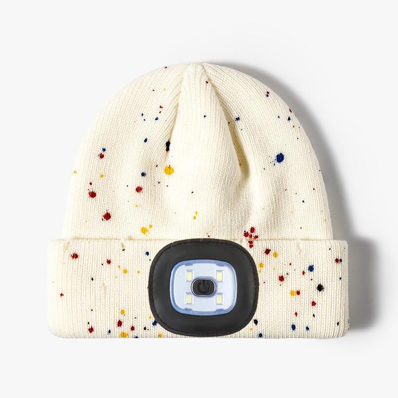 Rechargeable LED Beanie with rainbow Paint Speckles Factory Winter Knit Hat for Running Working Embroidery logo Available Cap