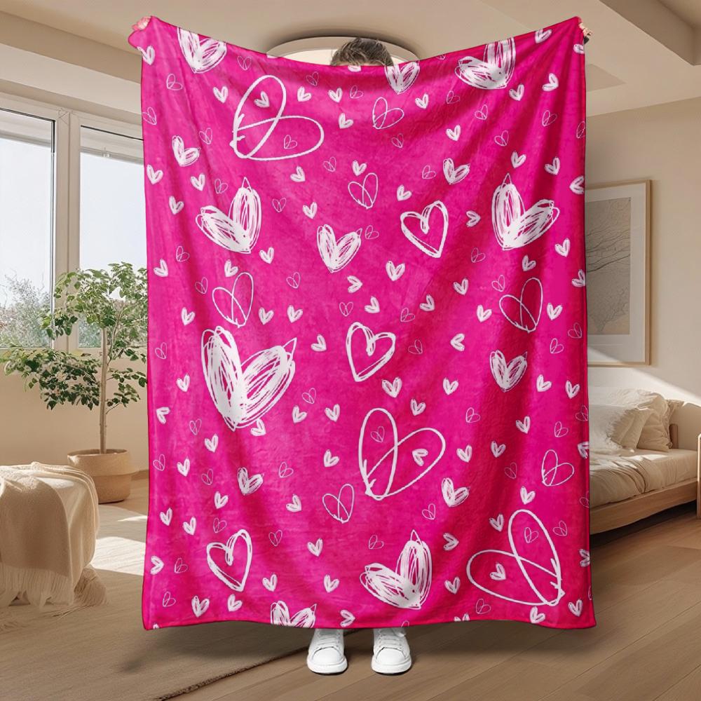 White Heart Pattern, Romantic Gift for Her, Soft Fleece Blanket, Vibrant Pink Sketch Design, Cozy Home Decor, Multi-Purpose Comfort