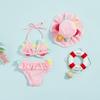 Infant Girls 3 Piece Swimsuits 6 12 18 24 Months Flower Decor Tie-Up Halter Neck Tank Tops Ruffles Shorts Sun Hat Bikini Split Swimwear Set