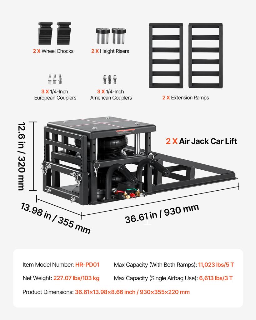 VEVOR Air Portable Car Lifts 2PCS, 5 Ton Capacity, 320 mm Max Height, Pneumatic Ramp Jacks with Airbags, Wheel Chocks, Extension Ramps