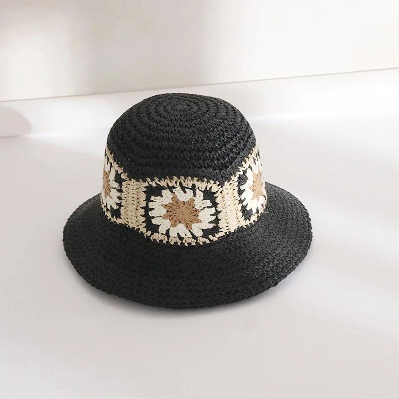 Japan Korea Crochet Beach Straw Hat Women Summer Flowers Grid Pure Hand-woven Hat Sunshade Fisherman Breathable Bucket Gorras