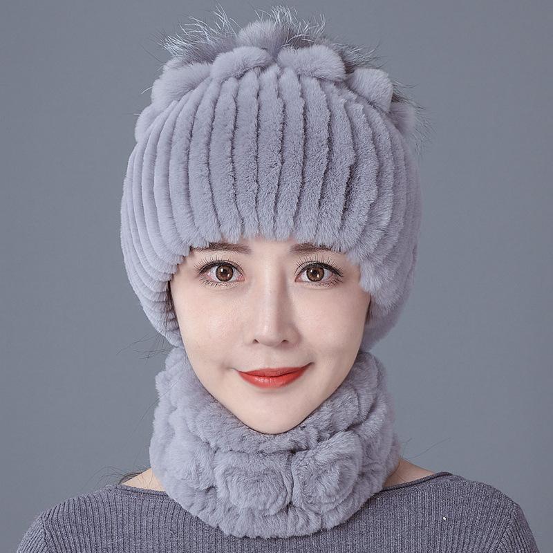 Шапка из меха кролика, женская зимняя мода, универсальная, теплая, зимняя защита для ушей, шарф из меха кролика Рекс, комплект из двух предметов, меховой костюм из меха