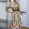 Женская мода лето весна цветочный принт с длинным рукавом V-образным вырезом с высокой талией повседневные платья