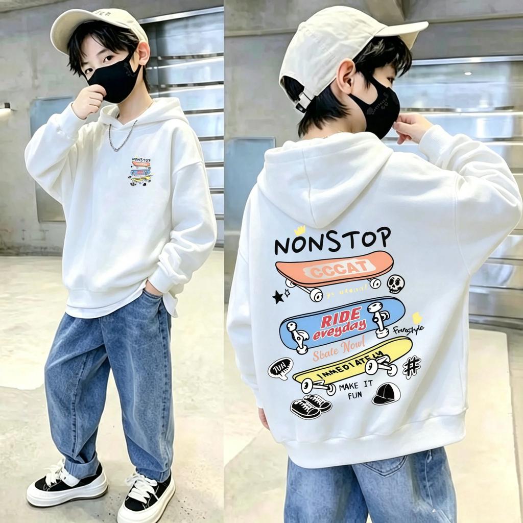 Skateboard Retro cartoon Printed Children's Hooded Sweatshirt, Autumn and Winter Casual Warm Hoodie