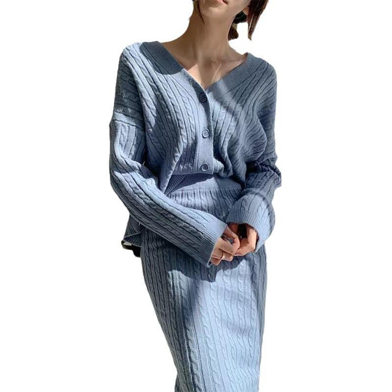 Womens Chic V-Neck Cable Knit Cardigan High-Waisted Pencil Skirt Set Winter Outfit