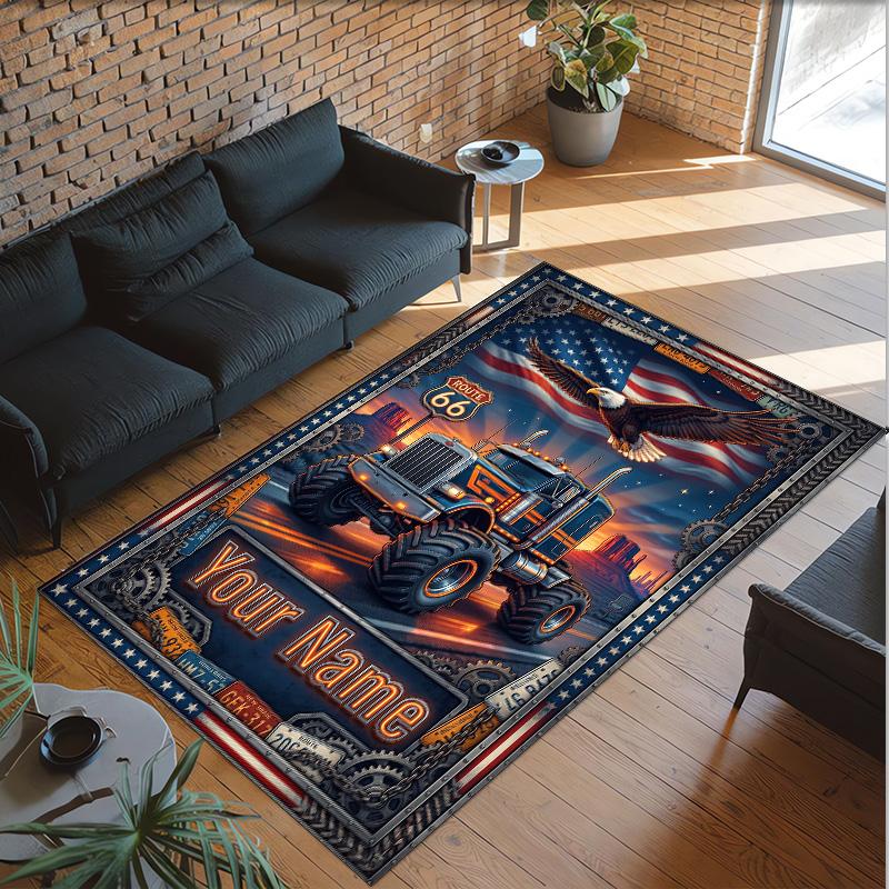 Truck Theme Crystal Velvet Rug Personalized Custom Name Text Soft Floor Mat Home Decor
