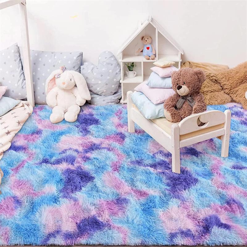 Rainbow Fluffy Carpet Tie-dye Plush Rug Gradient Silk Wool Bedside Rug Non-Slip Mat Soft Plush Area Carpet Room Decoration