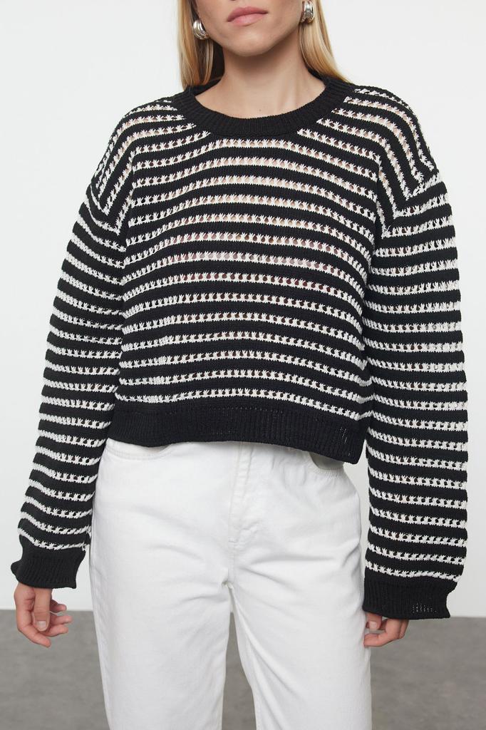 Women's Elegance Style Sweater Black Crop Openwork Perforated Striped Crew Neck Knitwear Sweater