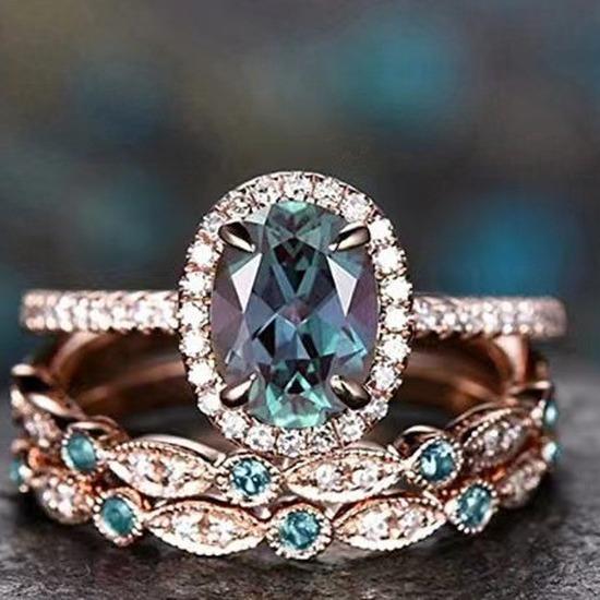 New European and American fashion jewelry Fashionable and minimalist diamond-studded gemstone three-piece stackable engagement ring set for women