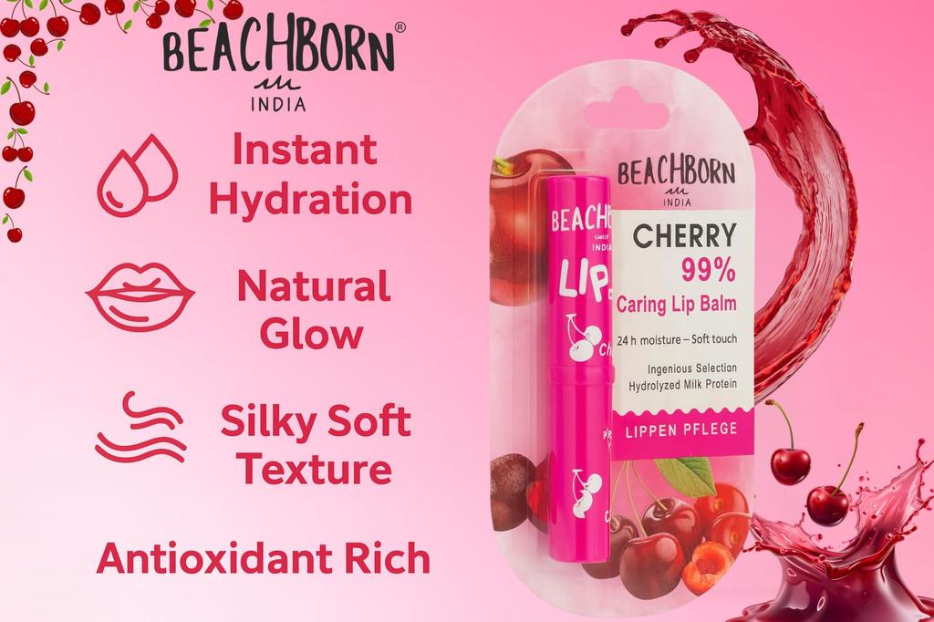 Beachborn India 99% Ухаживающий дуэт бальзамов для губ, вкусы: Вишня и Нежный розовый, формула 24-часового увлажнения с гидролизованным молочным протеином, Натуральный зимний уход,