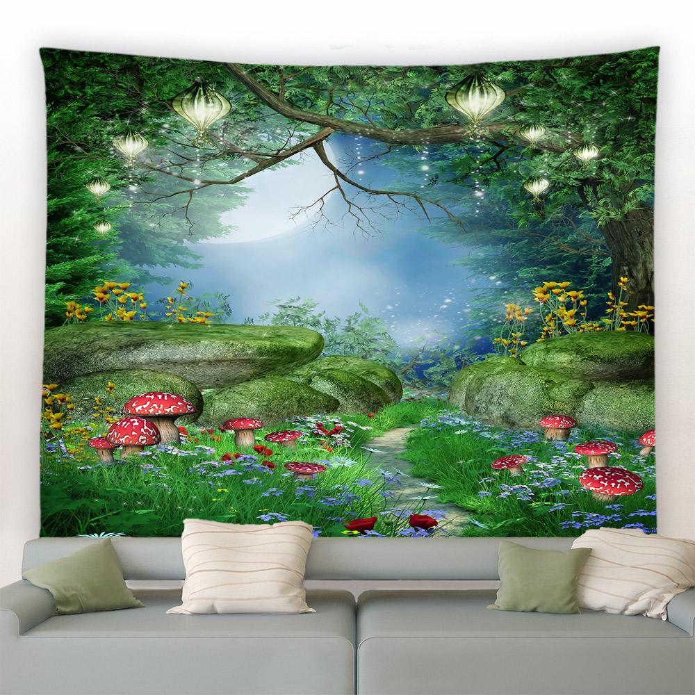Фэнтези Грибы Цветы Растения Деревья Природный Пейзаж Настенный Гобелен Гостиная Спальня Украшения Тропический Лес Гобелен