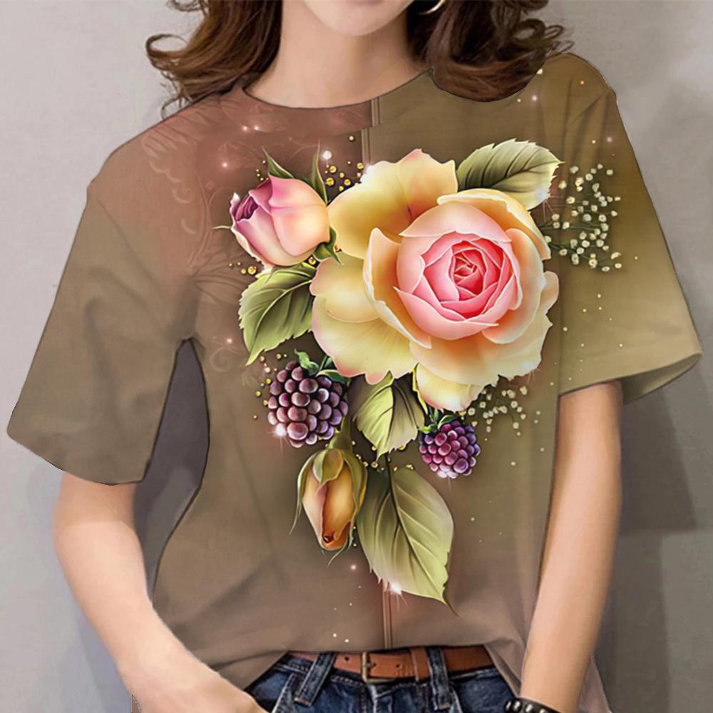 Luxury Women's T Shirt Floral Print Harajuku Clothes O Neck Casual Short Sleeve Tees Daily Y2k Blouse Oversized Tops