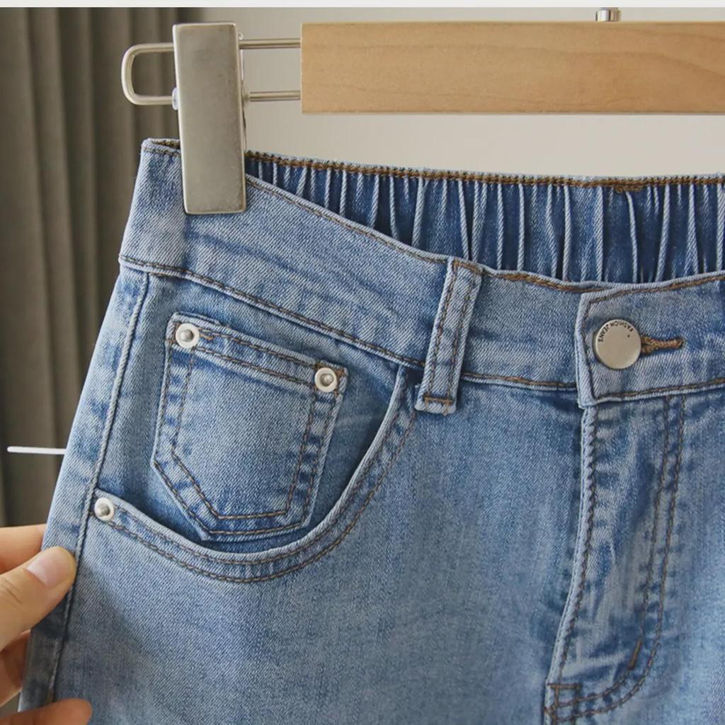 Женские эластичные джинсы с высокой талией и свободным кроем - новый стиль 2025 года, длина Nine-Point, большой размер, шаровары