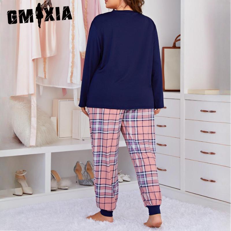 GMXIA Женская пижама с принтом, большого размера, с длинным рукавом, комплект из двух предметов для дома