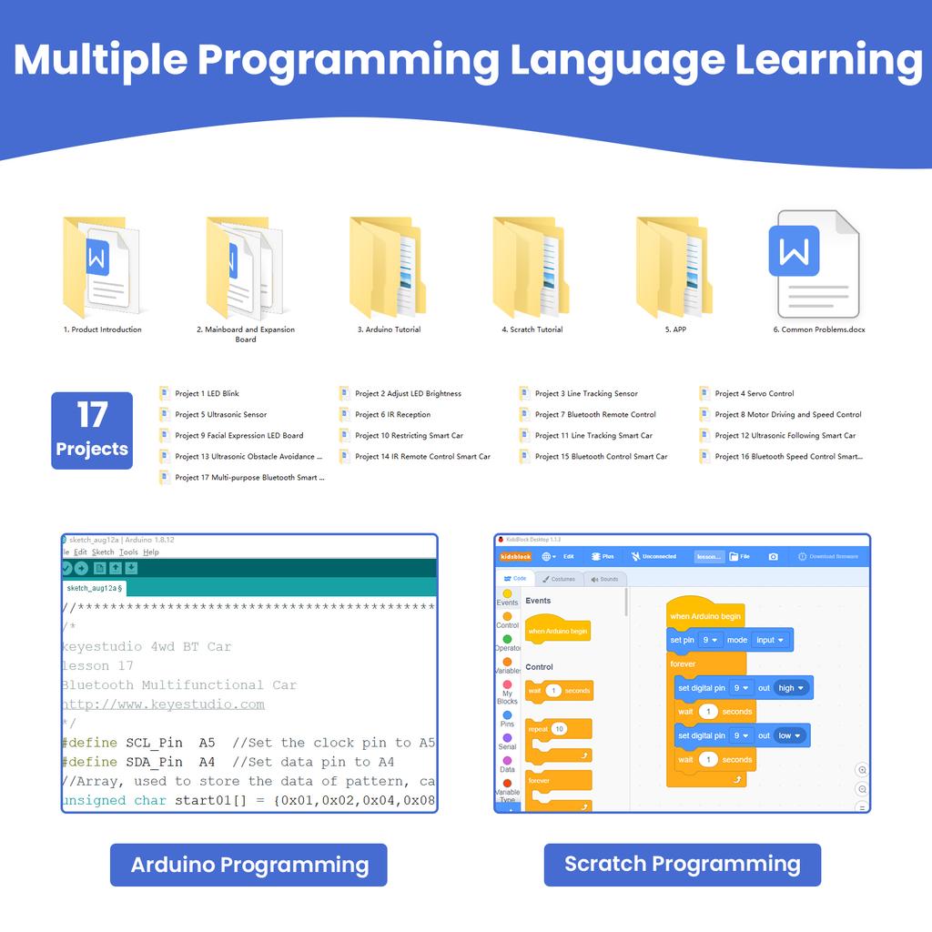 Keyestudio 4WD Multi BT Умный автомобиль для Arduino Комплект Робот Обновленная V2.0 С LED-дисплеем Stem EDU / Программирование Scratch DIY Робот-машина