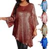 Women Tops Round Neck Ninth Length Sleeve Mid-length Blouse Sparkling Irregular Hem Loose Fit Tee Shirt Daily Wear