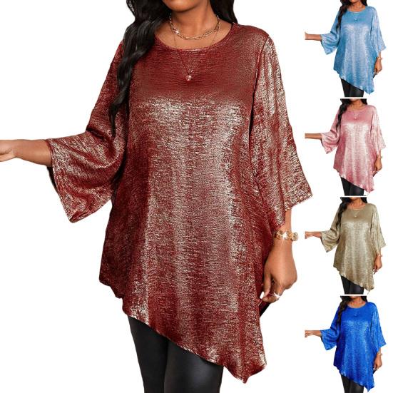 Women Tops Round Neck Ninth Length Sleeve Mid-length Blouse Sparkling Irregular Hem Loose Fit Tee Shirt Daily Wear