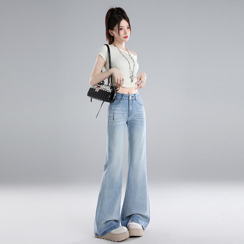 Retro light-colored washed jeans women's summer new high-waisted thin elastic micro-pull pants cat whisker micro-pull pants children