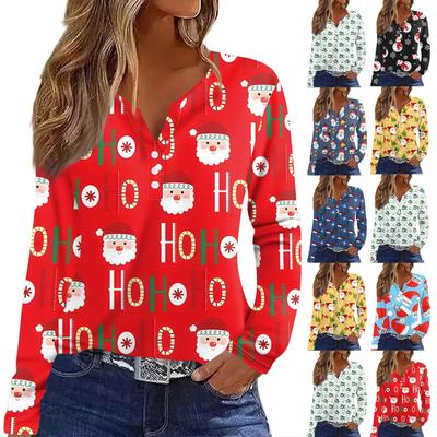 Женская футболка с рождественским принтом на пуговицах с длинным рукавом, повседневная, выходного дня, модная, базовая, с V-образным вырезом, обычная