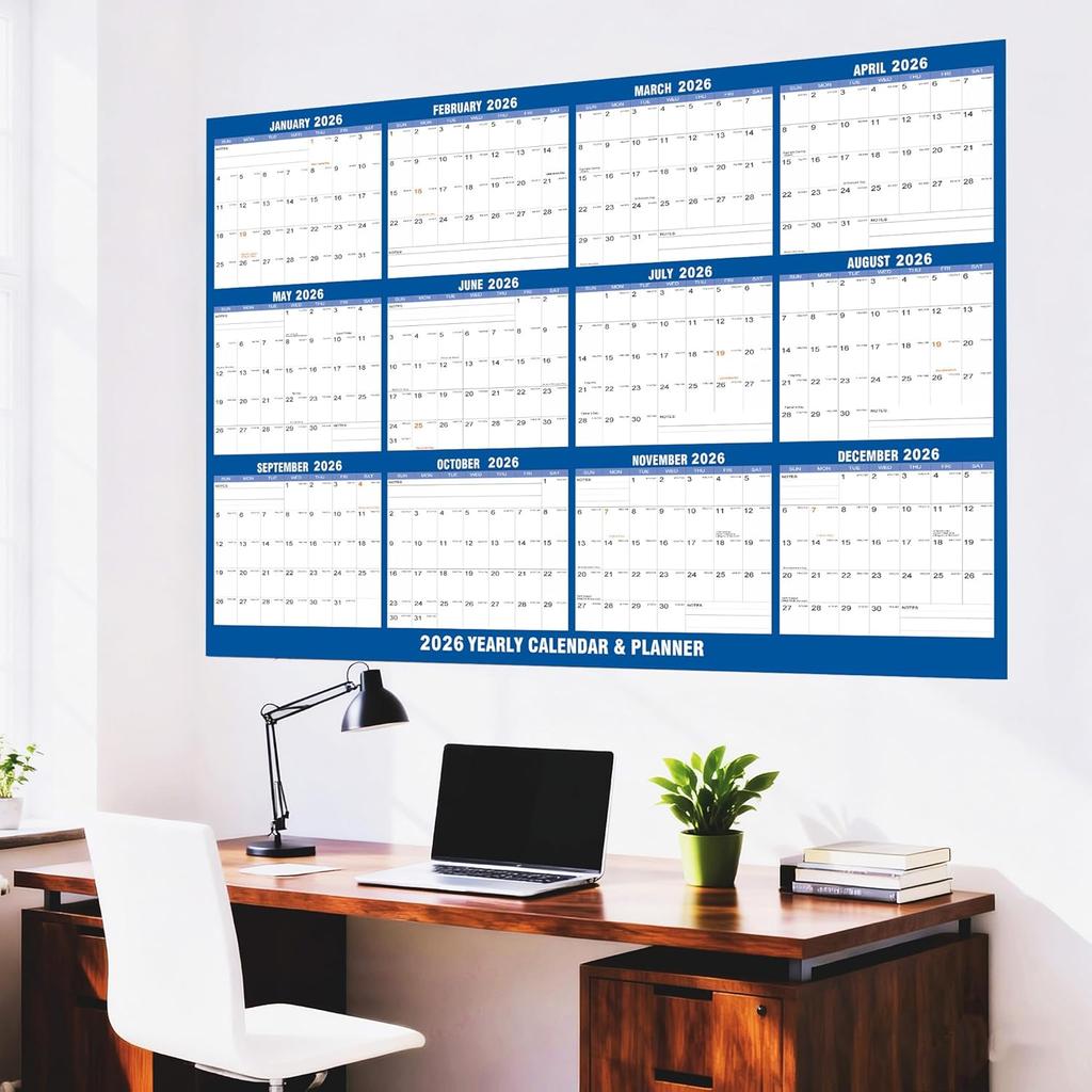 32"x48" 2026 Wall Calendar, AWANKOU Wet & Dry Erasable 1 Page Poster Calendar - Large Laminated 12 Month Annual Yearly Calendar for
