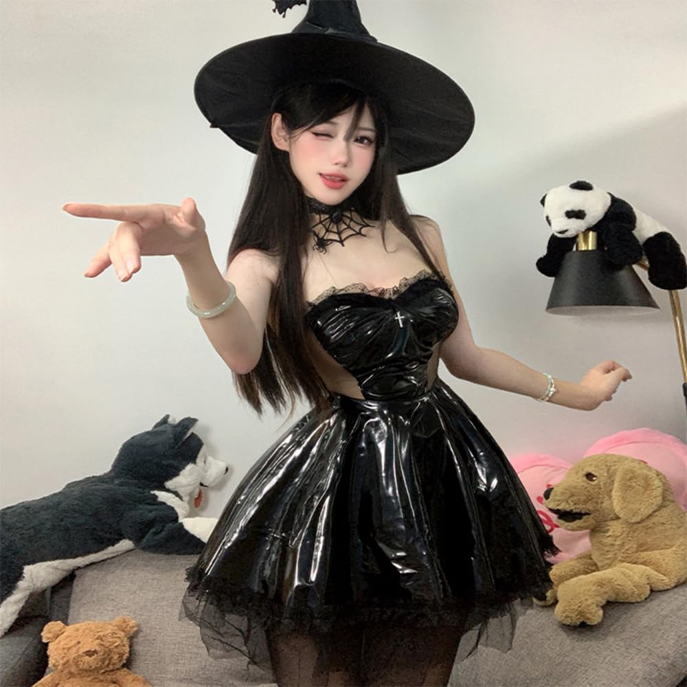 Ведьма Косплей Сексуальный Дьявол Глянцевый Экстремальный Костюм На Хеллоуин Нижнее Белье Костюм Милый Moe Фотография PU Кожаная Одежда для Выступлений События Мероприятия Шляпа