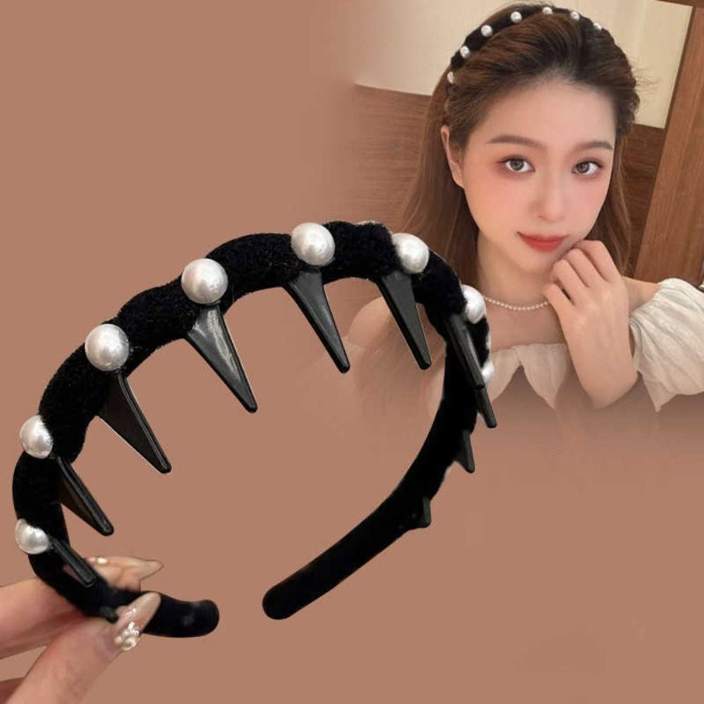Solid Color Plastic Hair Band Fluffy Face Wash Hairband Portable Pearl Wave Headband Girl