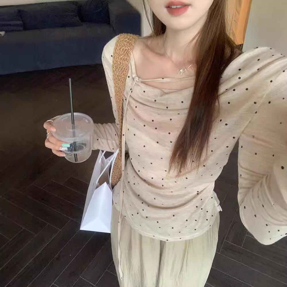 Polyester Dot Pattern Off Shoulder Tiefront T Shirt For Women Fall