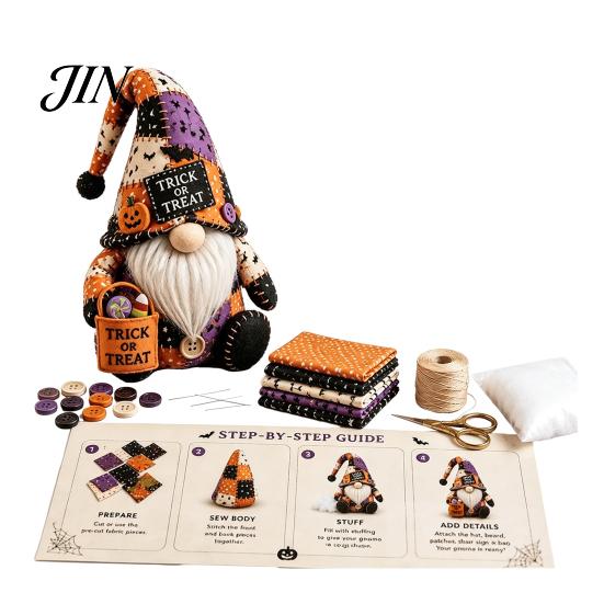 Pre-cut Fabric Patchwork Kit Halloween Gnome Kit, Witch Pumpkin Doll DIY Sewing with Pre-Cut Immersive Experience Buttons Needle Thread, Cute