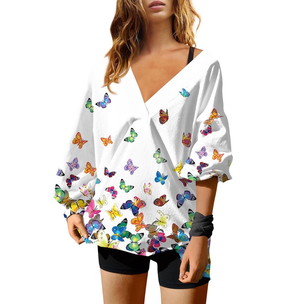 Женская мода ретро принтованный V-образный вырез длинный рукав свободный пуловер свитшот топ