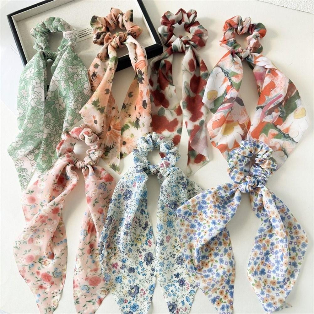 Fashion Hair Scrunchies Triangle Scarf Floral Tie Dye Chiffon Elastic Hair Bands Summer Beach