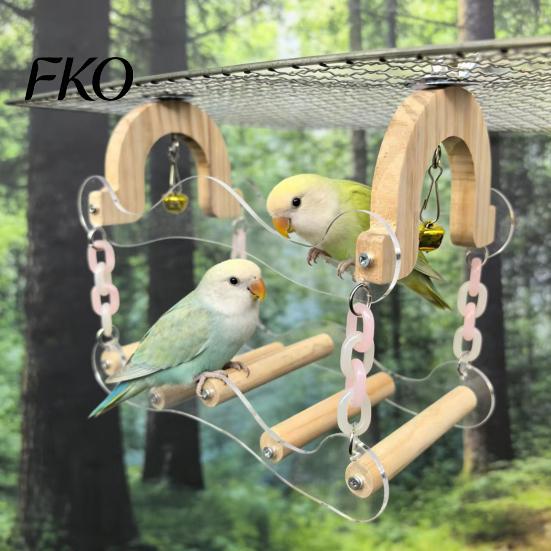 Parrot Cage Accessories Swing Toy, Bird Perch, 5 Wooden Perch Poles, Acrylic Foot Frame with Bells for Small Medium Parrots Budgies