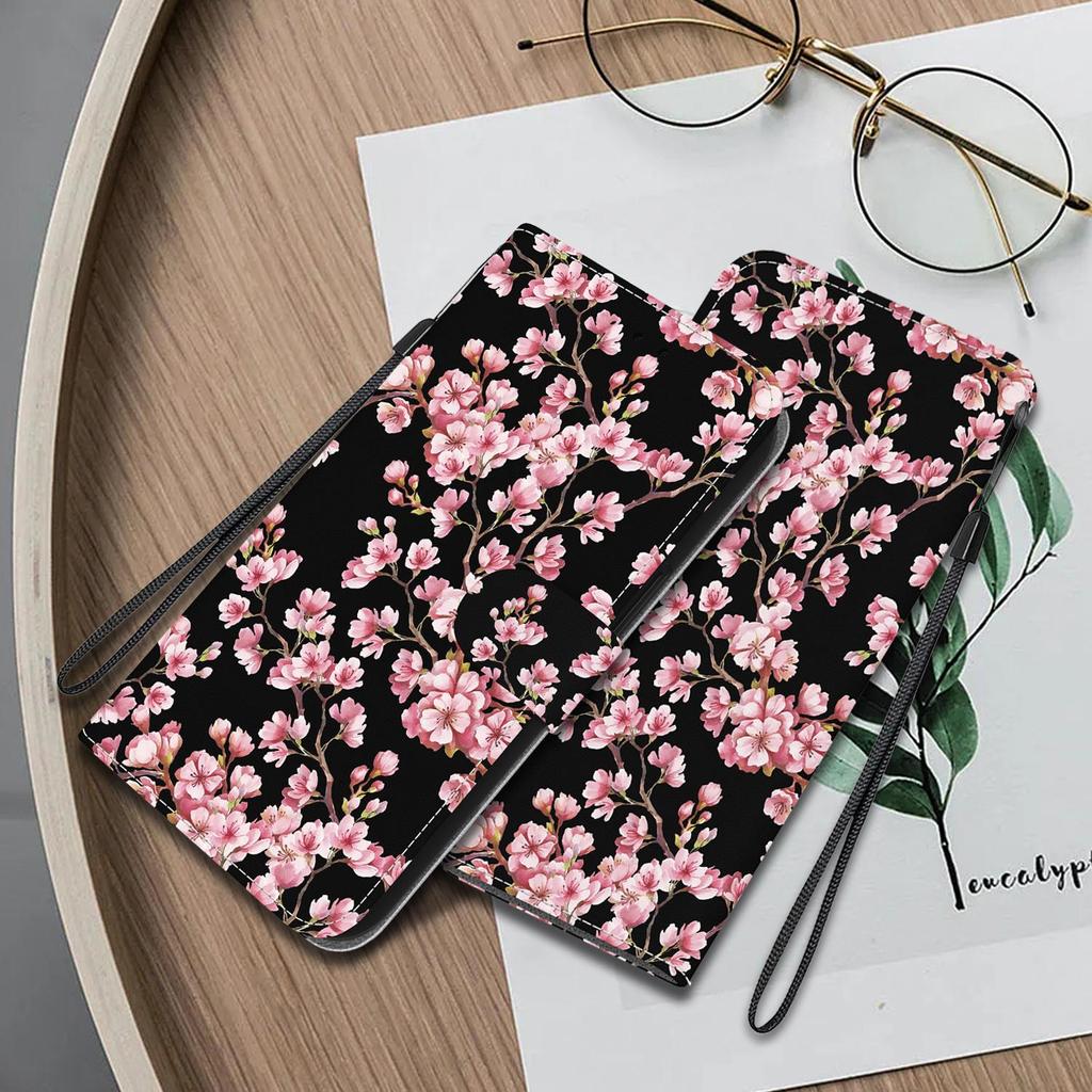 3D Art Painting Sakura Flower Butterfly Pattern Leather Phone Wallet Case Book Stand For Huawei Moto Oppo Realme 10 Girls Magnetic Card Flip Cover Bag