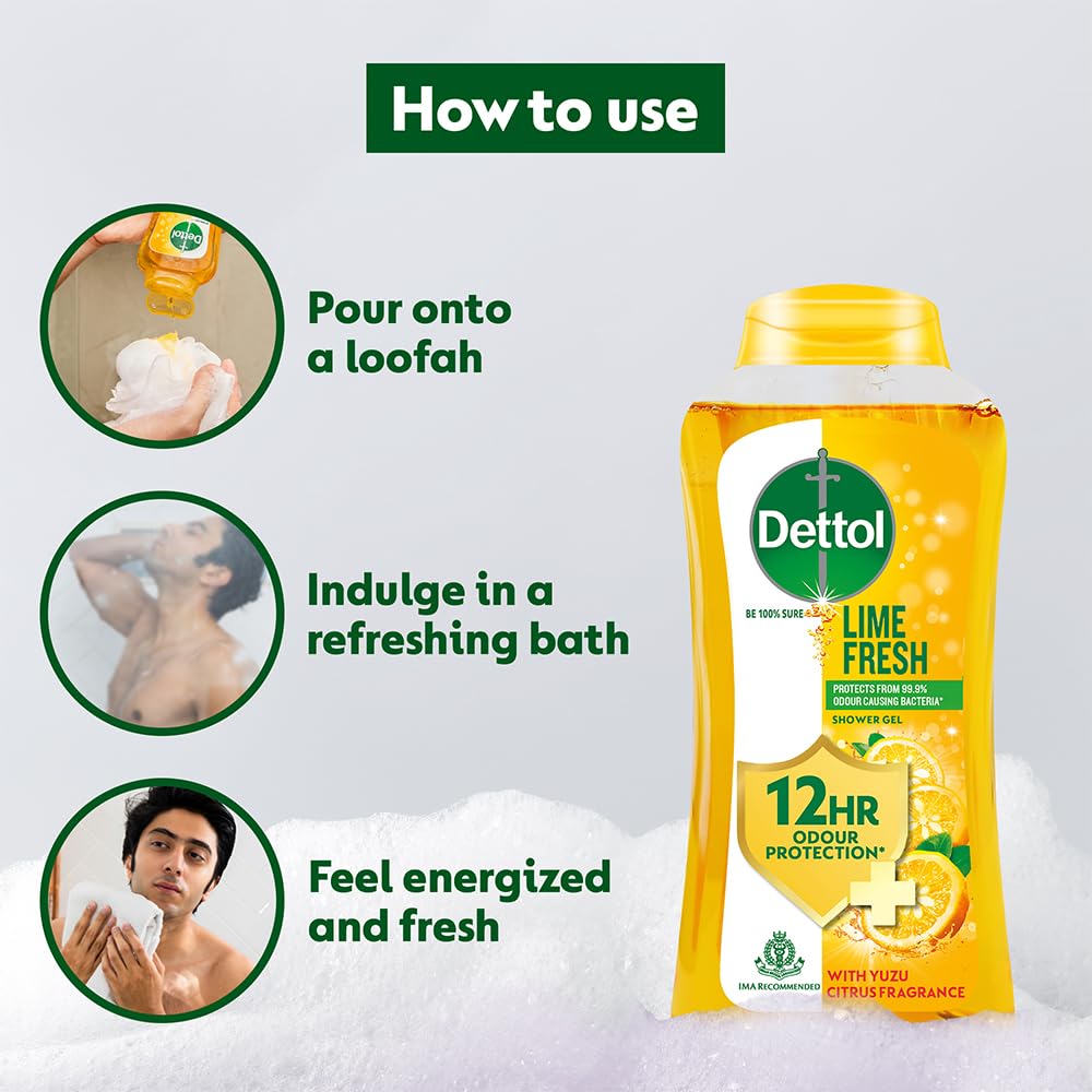 Dettol Гель для душа и очищения тела «Лайм Фреш», 250 мл | Без мыла | Защита от запаха на 12 часов