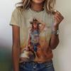 3D Cowgirl Pattern Print Vintage Women's T-shirts Casual Crew Neck Short Sleeves Tees Retro Women Clothing Loose Tops Pullover