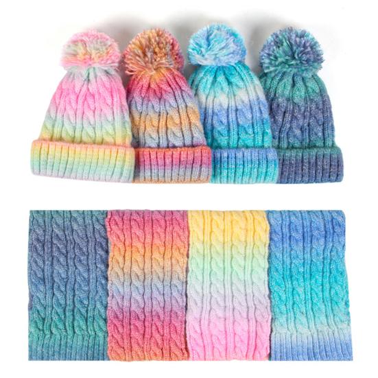 3Pcs/Set Kid Hat Scarf Gloves Set Rainbow Color Plush Ball Decor Knitted Hat Windproof Scarf Gloves Set Winter Accessories