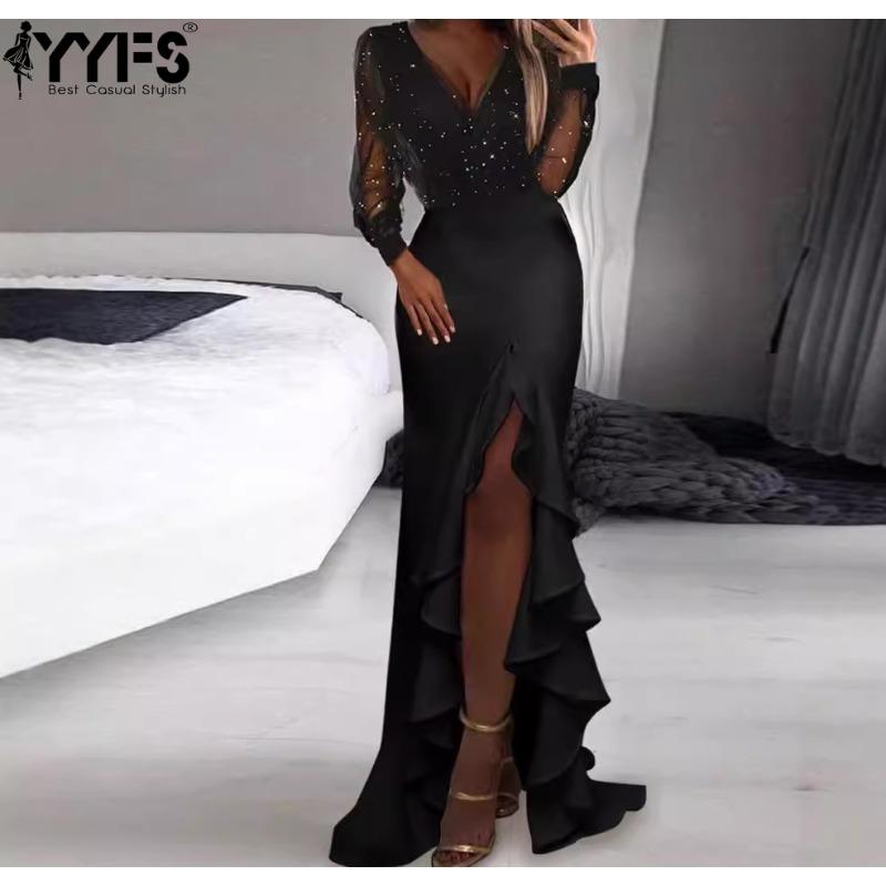 YYFS Женская мода весна осень однотонный принт с длинным рукавом и v-образным вырезом с высокой талией повседневные платья