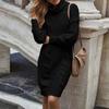 Women's Fashion Autumn/winter Solid Color High Collar Long Sleeve Wrap Hip Sweater Dress