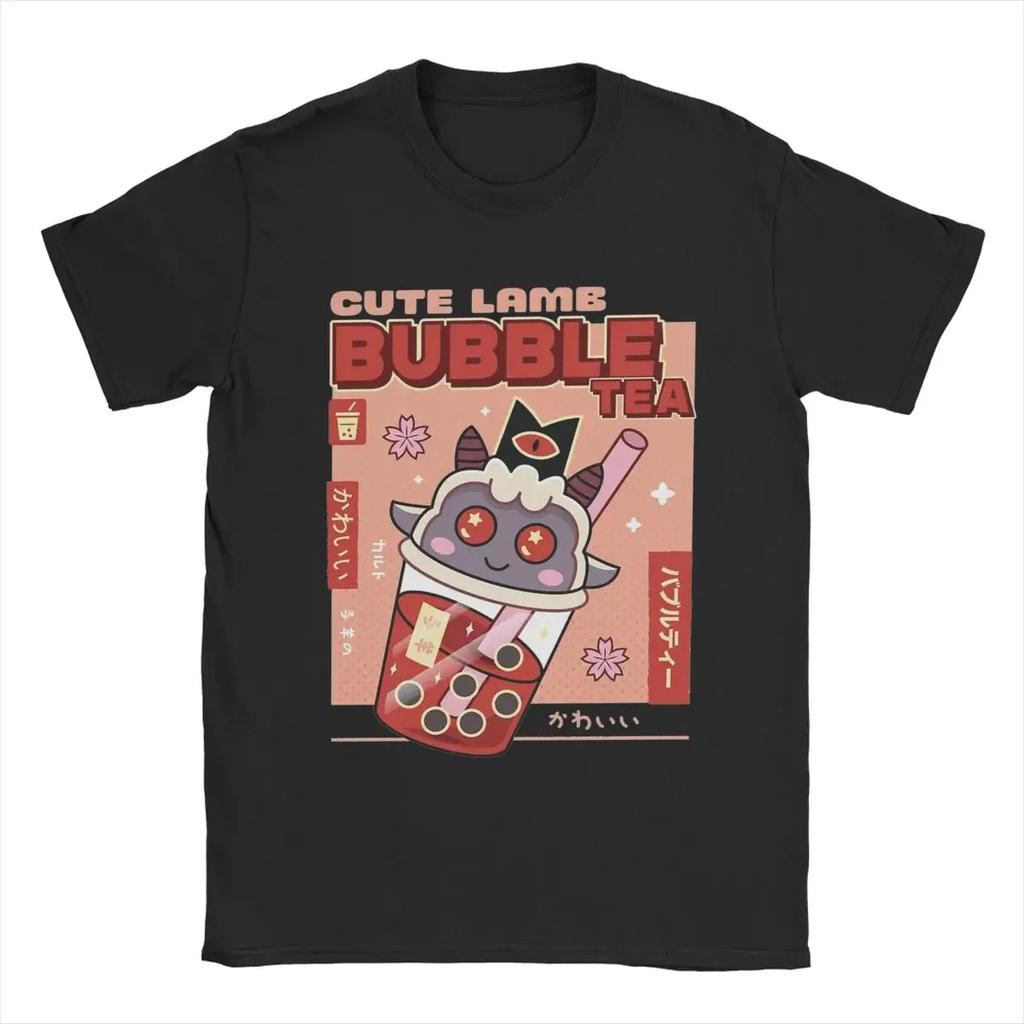 Casual Cute Lamb Bubble Tea Cult Of The Lamb TShirt Unisex O Neck 100 Cotton T Shirt Game Anime Tees Printing Clothes