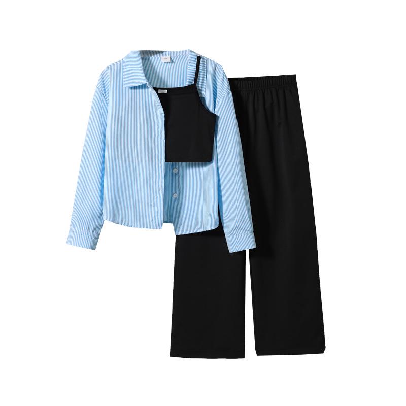 Девочковый трехпредметный комплект Весна 2026: Рубашка в полоску с лацканами, Топ-камисоль, Длинные брюки