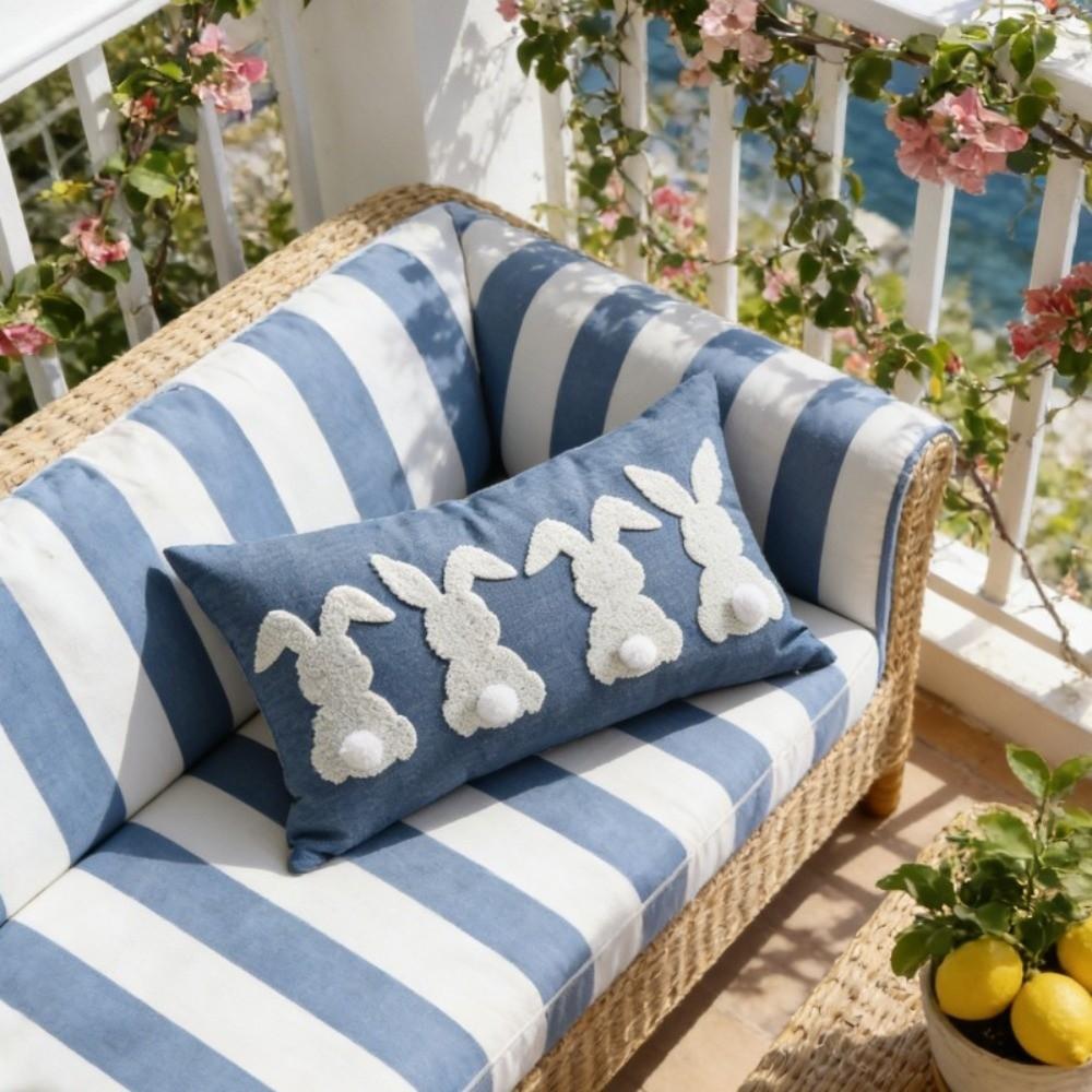 Rectangular Throw Pillow Cover Embroidered Waist Cushion Cover Easter Bunny Pillowcase  Sofa