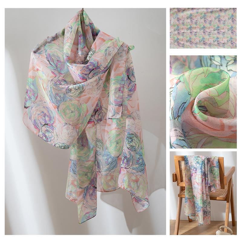 Длинные полосы шелкового шарфа  Высококлассный шарф из тутового шелка  Женский свежий маленький цветочный тонкий стиль  Атмосфера  Большая шаль