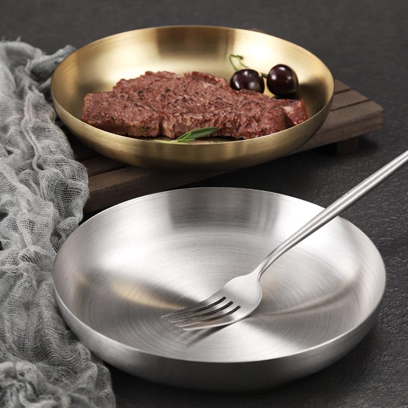 Creative Stainless Steel Grill Plate with Handle Golden Commercial Western Food Steak Dessert Round Dish