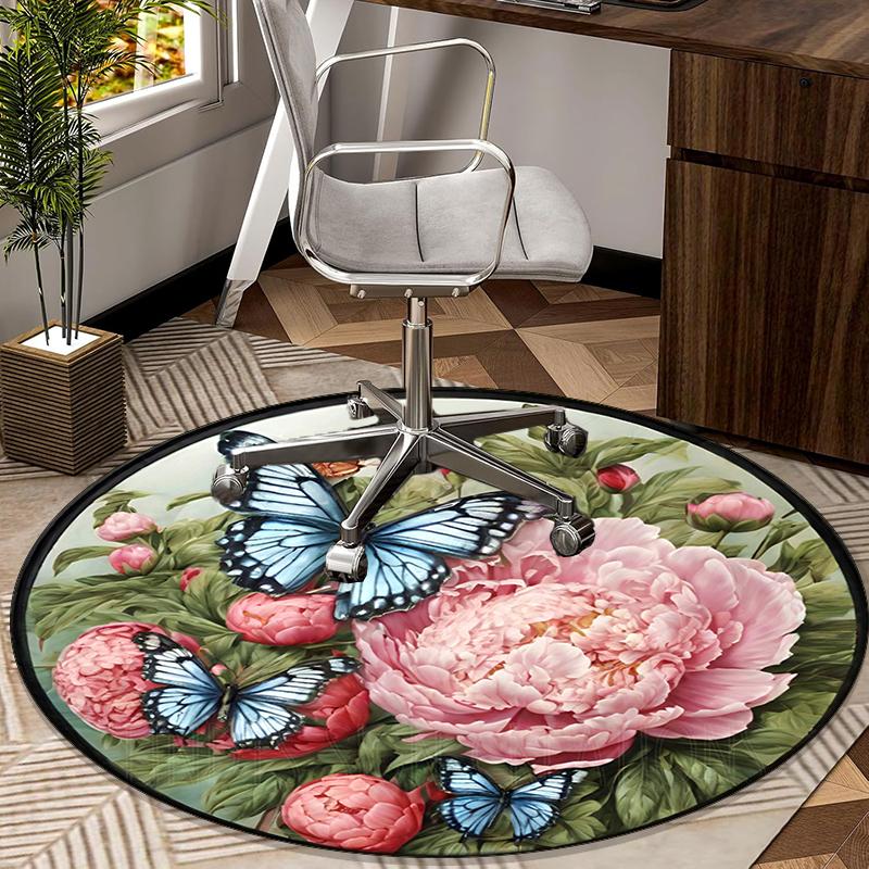Pink Roses And Butterflies round carpet Chair cushion Round Entryway Rug, Soft Round Rugs for Living Room, Bedroom, Circle Carpet decor gifts