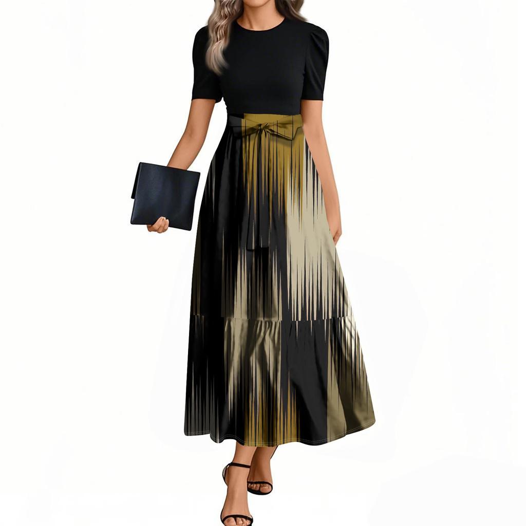 Женские модные повседневные платья с поясом, коротким рукавом, круглым вырезом, геометрическим узором, элегантные платья с темпераментом