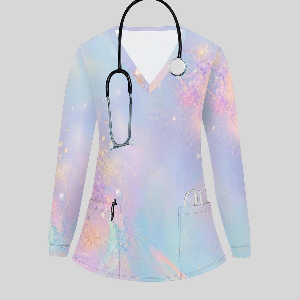 Women Plus Size Gem Printed V Neck Long Sleeve Scrub Top With Front Pockets