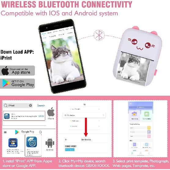 Eschen Pocket Mini Printer, Portable Printer with 6 Rolls Printing Paper for iOS Android Smartphone, Label Receipt Sticker Photo List Notes Inkless